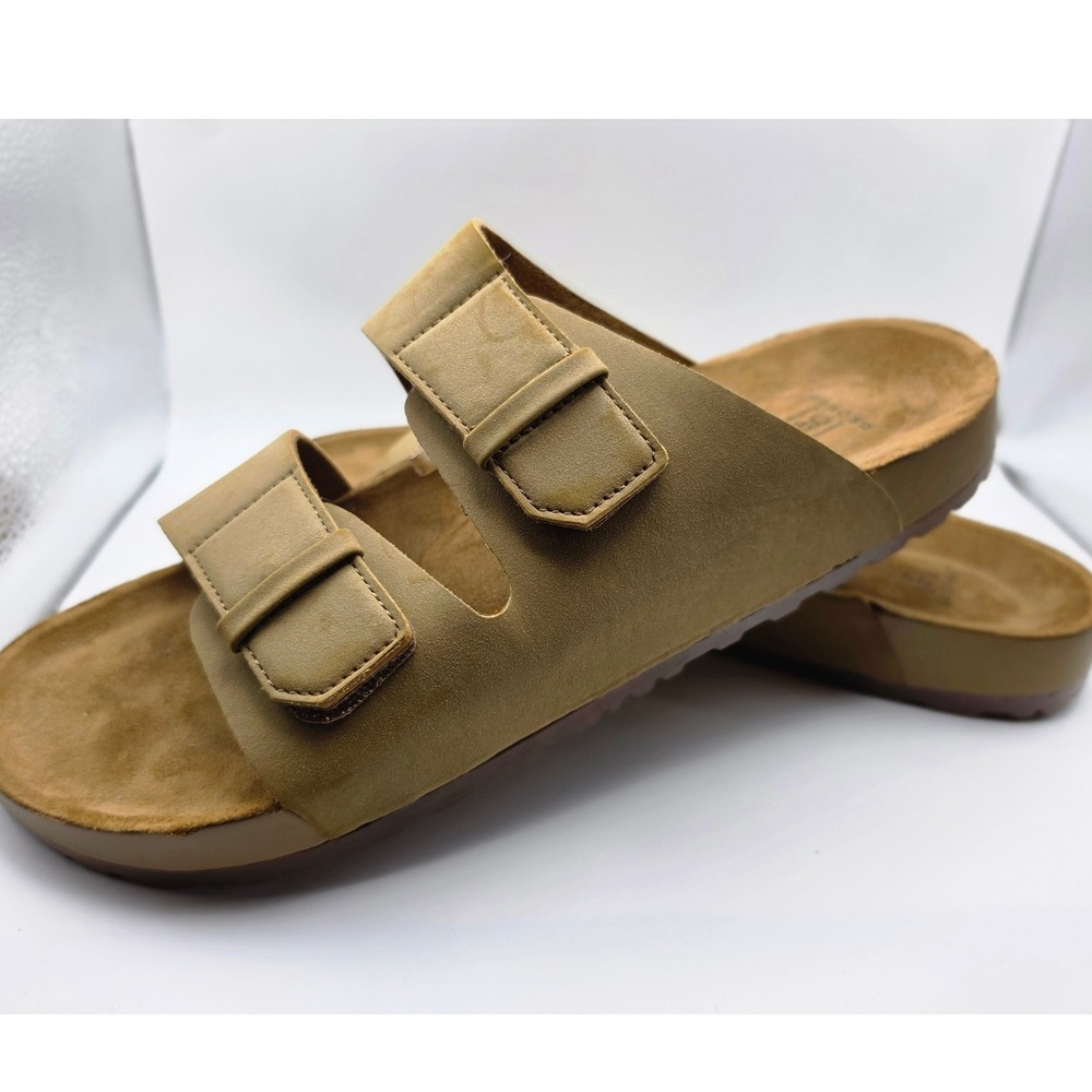 George Mens Two Strap Slide Sandals Tan Faux Suede Size 12 Adjustable 1734